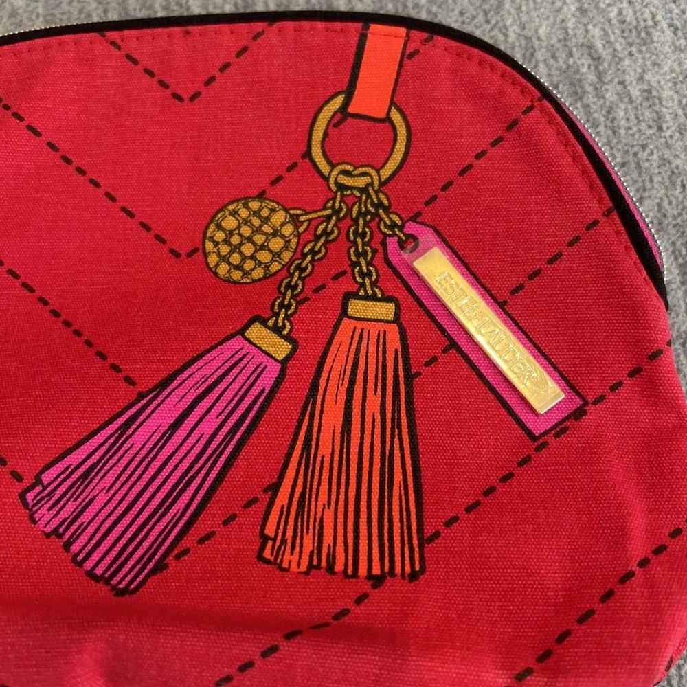 Estee Lauder‎ Makeup Bag Red Pink Lined Purse Accessory Beauty Travel Zip Top